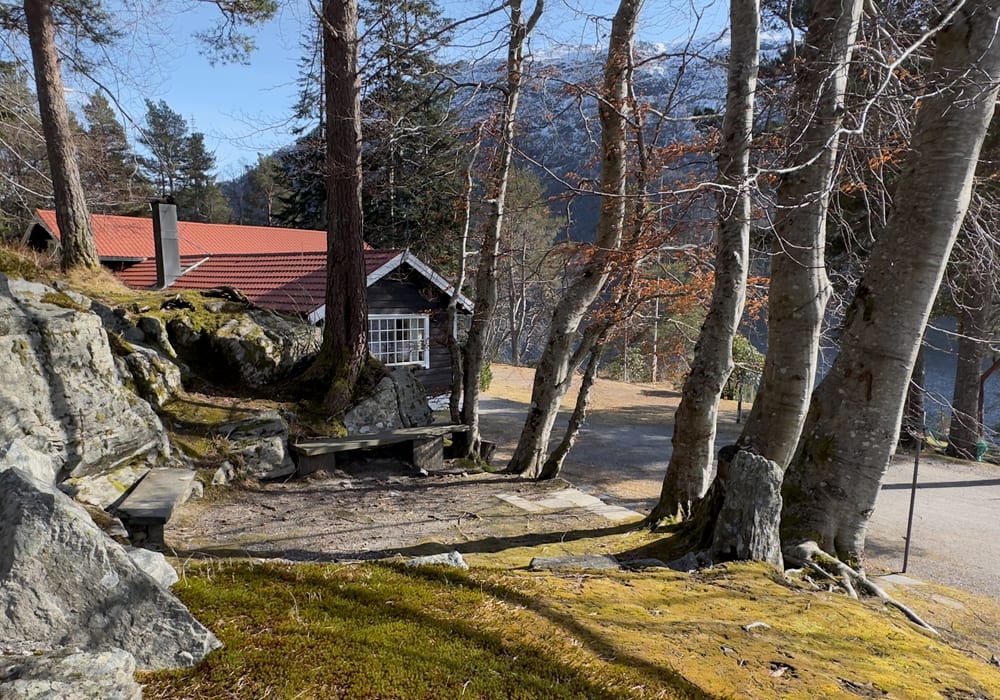 Utsikt frå området mot vatnet og fjella rundt Brusdalen