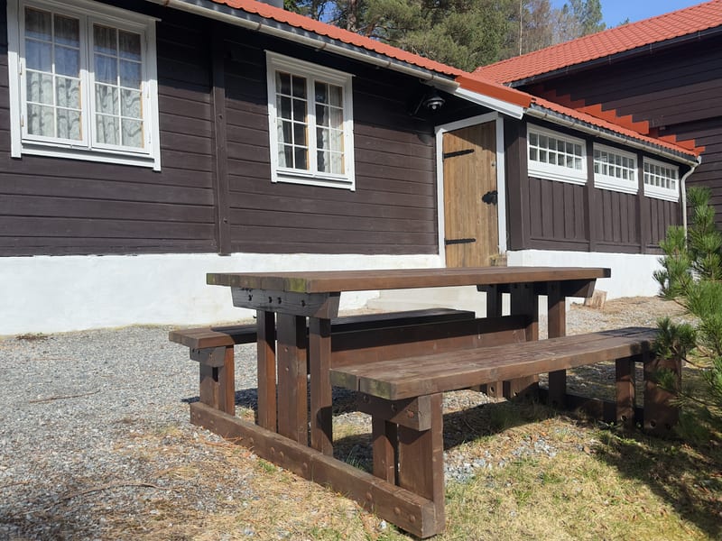Trehytte med utebenkar og plass til fellesskap